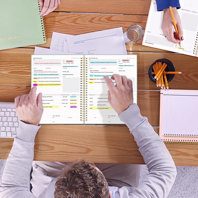 SUNEE Meeting Notebook for Work with Sticky Tabs - 160 Pages, B5 Size Project Planner, Spiral Meeting Agenda/Minutes Notebook Organizer for Women Men, Note Taking, Office & Business,7"x10", Sage Green