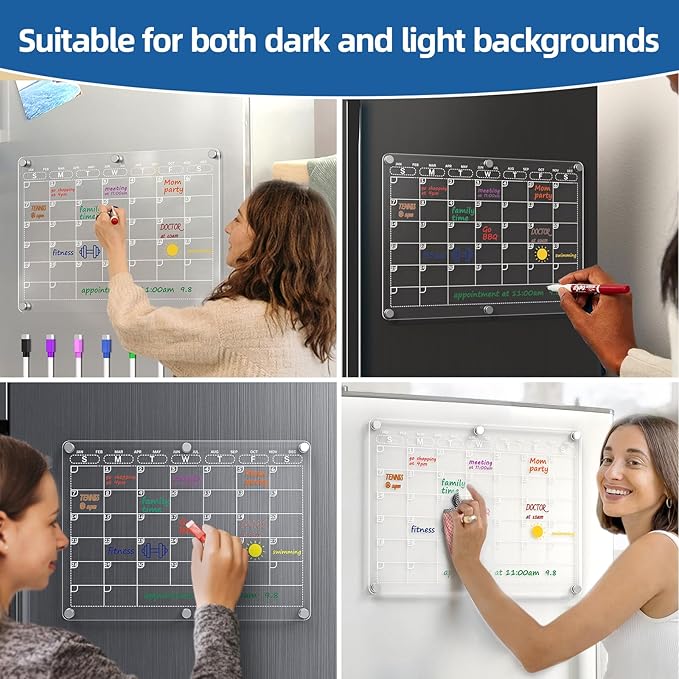 Acrylic Fridge Calendar, Magnetic Calendar for Refrigerator with 8 Colorful Markers, Clear Dry Erase Board Reusable Planning Set for Important Events, (Monthly Planner+Weekly Planner)