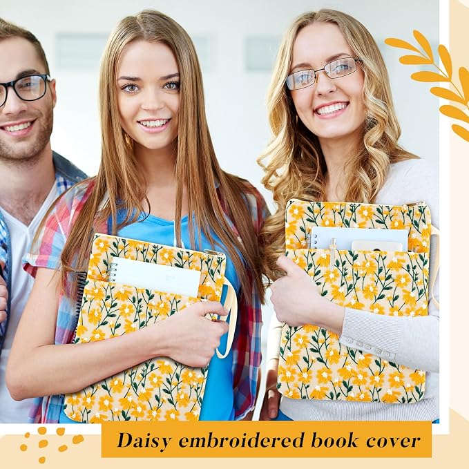 12''x9'' Daisy Embroidered Book Sleeve with Cotton Lining with Handle and Zipper Book Protector for Paperback and Hardcover, Christmas Ideal Gift Book Sleeve Pouch for Book Lovers(Yellow)