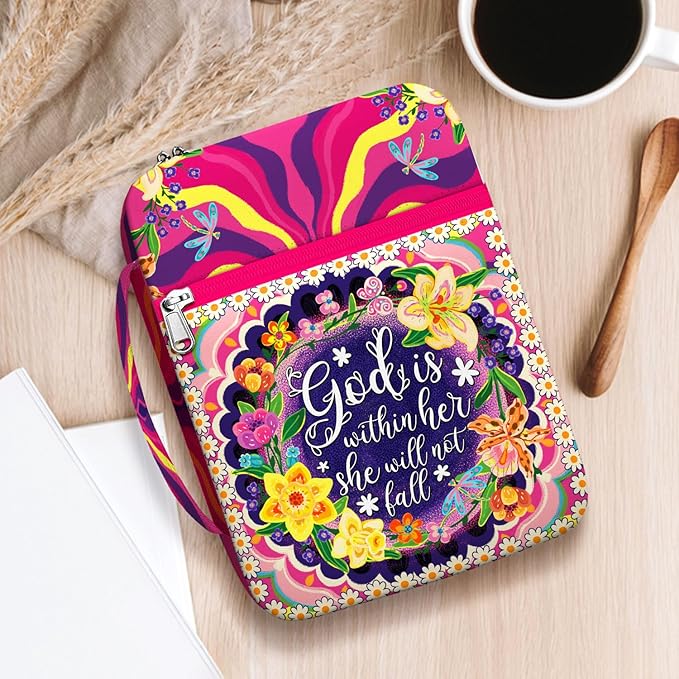 Floral Faith Bible Cover for Women, God is Within Her She Will Not Fall, Christian Canvas Bible Case with Handle and Zipper Pocket, Fits Standard Size Bible, Inspirational Gift for Bible