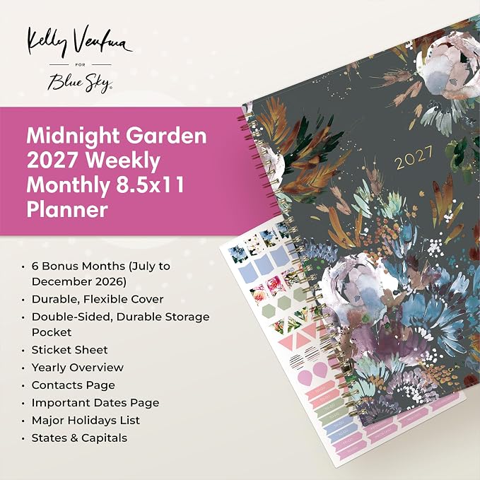 Blue Sky Kelly Ventura 2026 Weekly and Monthly Planner Calendar, January 2026 - December 2026, 8.5" x 11", Flexible Cover, Laminated Tabs, Durable Twin Wire Binding, Storage Pocket, Includes Sticker Sheet, Midnight Garden