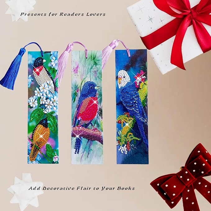 3 Pcs LINGFANG Diamond Painting Bookmark, DIY Book Makers for Adults Book Lovers, Diamond Art Beginners, Small Diamond Art Kits, Paint by Art Crafts Supplies Gift for Girls (Birds)