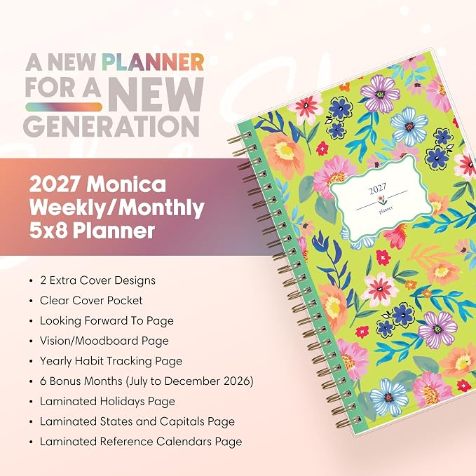 Blue Sky Gen Z 2027 Weekly and Monthly Planner Calendar, January 2027 - December 2027, 5" x 8", Flexible Interchangeable Cover, Durable Twin Wire Binding, Laminated Tabs, Storage Pocket, Monica