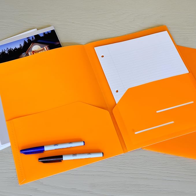 Youngever 6 Pack Heavy Duty Plastic Two Pocket Folders, Heavy Duty Plastic 2 Pocket Folder (Orange)