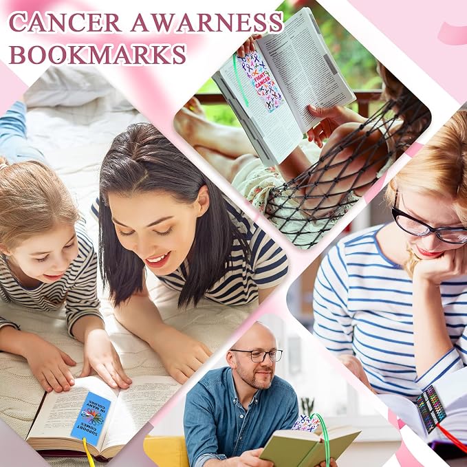 Yaomiao 120 Pcs Cancer Awareness Laminated Bookmarks Bulk Colorful Ribbon Bookmarks All Cancer Awareness Book Markers for Charity Fundraiser Support Items Office Supplies