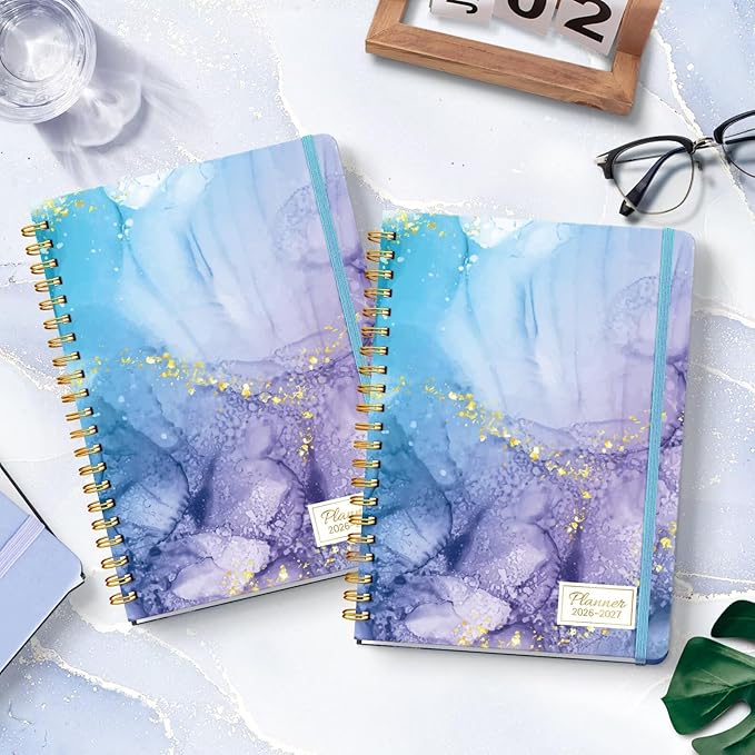 Lonely Oak Academic Planner 2026-2027, Daily Weekly and Monthly Agenda Planner 6.18" x 8.5" with Tabs, 12 Months Spiral School Year A5 Calendar from Jul.2026 to Jun.2027 for Student and Teacher (Blue Marble)