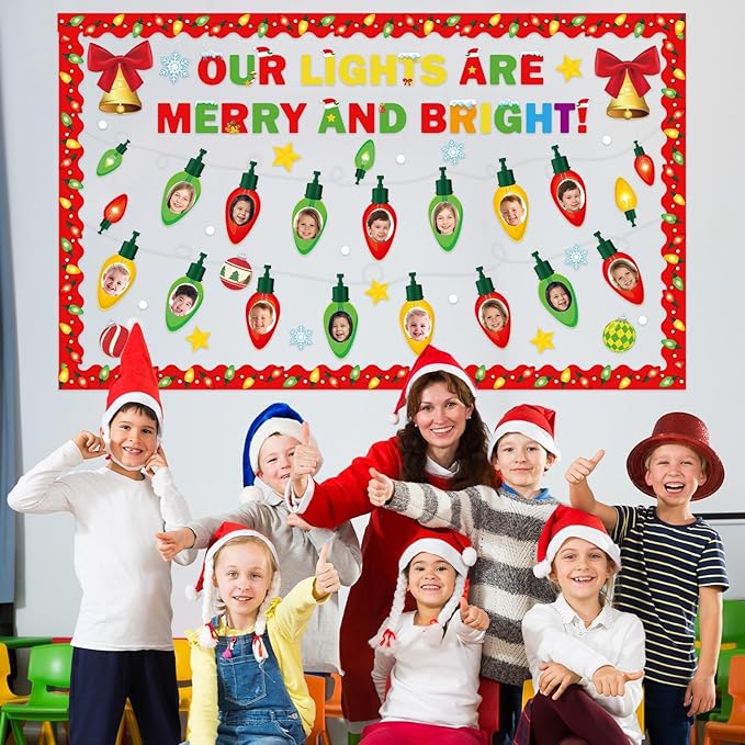 Christmas Bulletin Board Set Xmas Merry and Bright Classroom Decorations Light Bulb DIY Photo Paper Cutouts Winter Holiday Bulletin Board Border for School Wall Xmas Party Decor Teacher Supplies