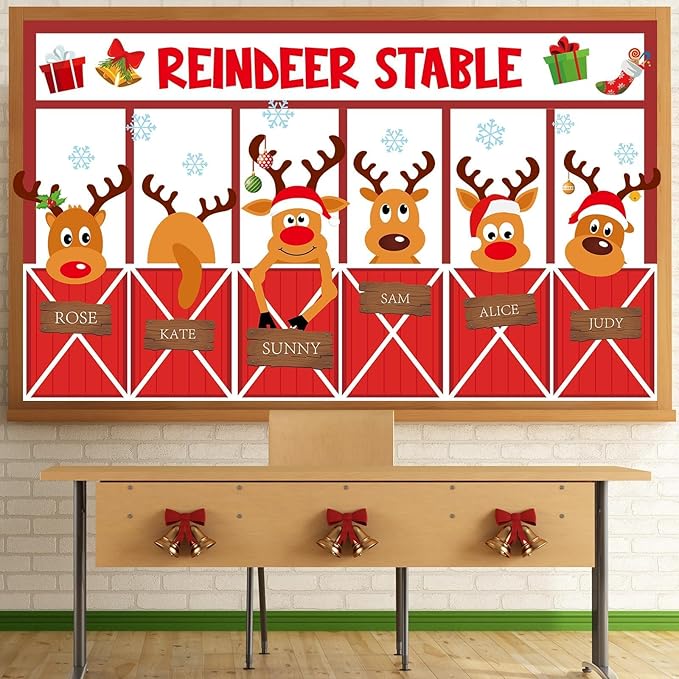 Christmas Deer Bulletin Board Decorations Set Xmas Reindeer Stable Christmas Elk Winter Classroom Paper Cutouts for Holiday School Home Wall Supplies