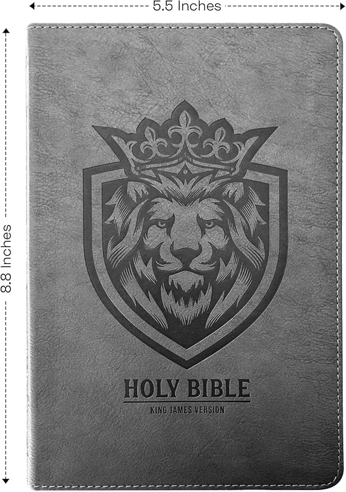Custom KJV Holy Bible with Personalized Name Silver Imprint | Gray Faux Leather King James Version | Lion Emblem Cover | Silver Gilded Pages | Gift Bible for Religious Occasions | Small 8pt Text