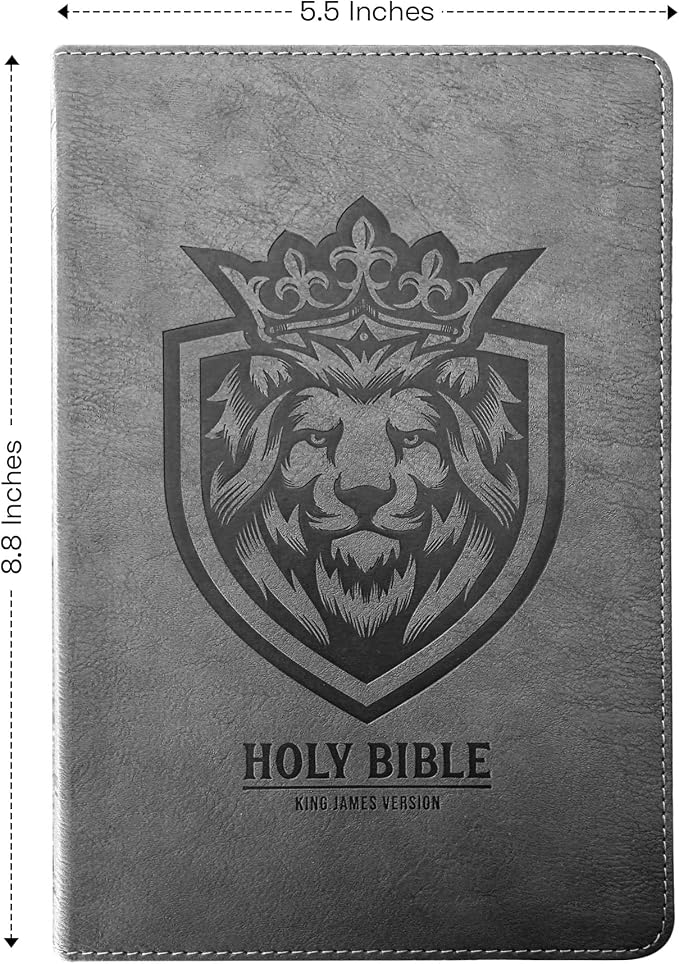 Custom KJV Holy Bible with Personalized Name Silver Imprint | Gray Faux Leather King James Version | Lion Emblem Cover | Silver Gilded Pages | Gift Bible for Religious Occasions | Small 8pt Text