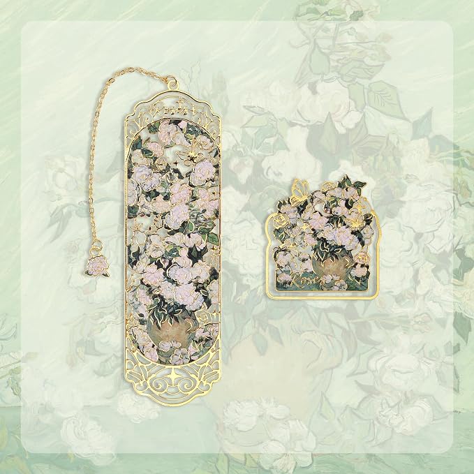 Luxury Metal Bookmark & Book Clip Gift Set, Oil Painting Themed Roses, 1 Bookmark with Pendant + 1 Book Clip, Elegant Christmas New Year Gift Box for Women Book Lovers Writers Readers Teenage