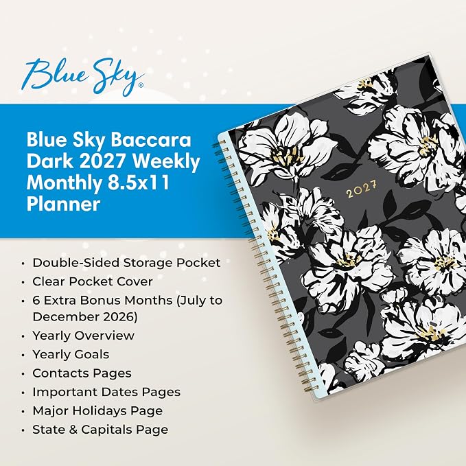 Blue Sky 2027 Weekly and Monthly Planner Calendar, January 2027 - December 2027, 8.5" x 11", Clear Pocket Cover, Laminated Tabs, Durable Twin Wire Binding, Storage Pocket, Baccara Dark