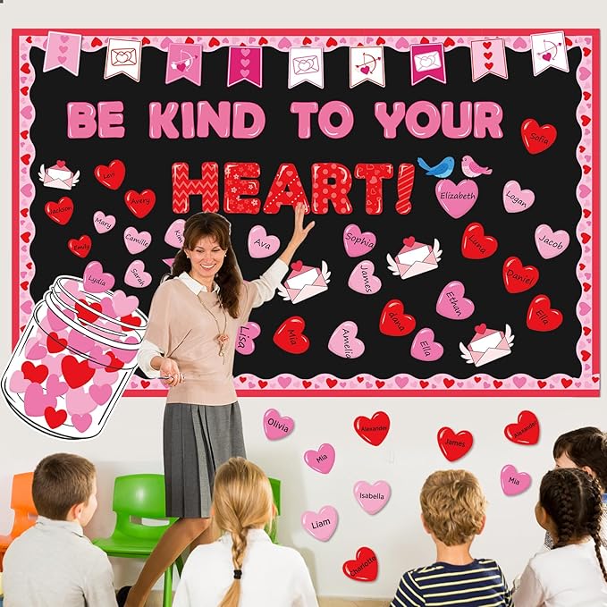 gisgfim Valentine's Day Bulletin Board Set Decorations Valentines Classroom Decor Love Heart Name Tag Cutouts for School Home Chalkboard Wall Door Valentine Party Supply(Be Kind to Your Heart)
