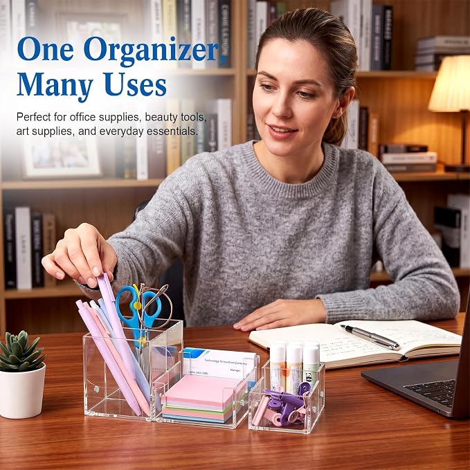 Novabright Magnetic 3-in-1 Clear Acrylic Desk Organizer, 6 Compartment Modular Pen Pencil Holder with Sticky Note Tray, Stationery Caddy & Desktop Storage Organizer for Office Home