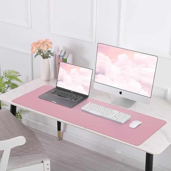 AFIING Leather Desk Pad Protector, Large Desk Mat with Natural Cork & PU Leather, Mouse Pad, Non-Slip, Waterproof Desk Writing Pad for Office and Home, Rose Pink