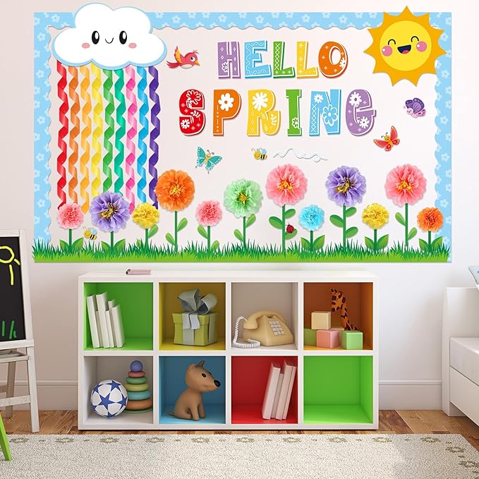 Spring Classroom Bulletin Board Decorations 3D Hello Spring Cutouts Floral Bulletin Board Set Flower Paper Pom Poms Craft for School Classroom Office Chalkboard Wall Door Decor Supplies