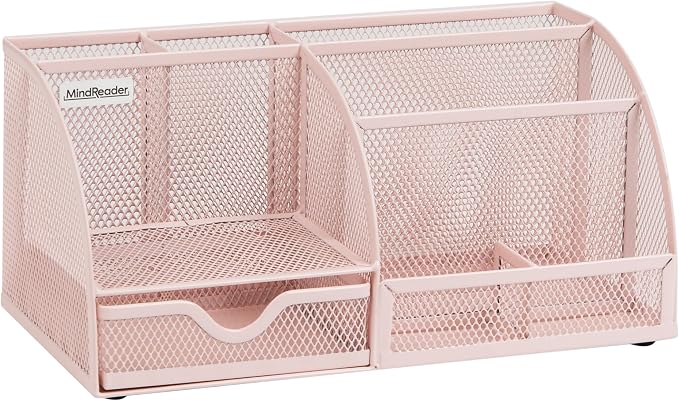 Mind Reader 7-Compartment Desktop Organizer, File & Accessory Storage, Metal Mesh Office Organizer for Desk, Workspace, Mail, Pink