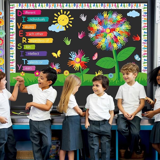 gisgfim Spring Diversity Handprint Flowers Classroom Bulletin Board Decorations Handprint Tree Paper Cutouts Watercolor Flower Bulletin Board Set for Back to School Student Office Wall Door Supplies
