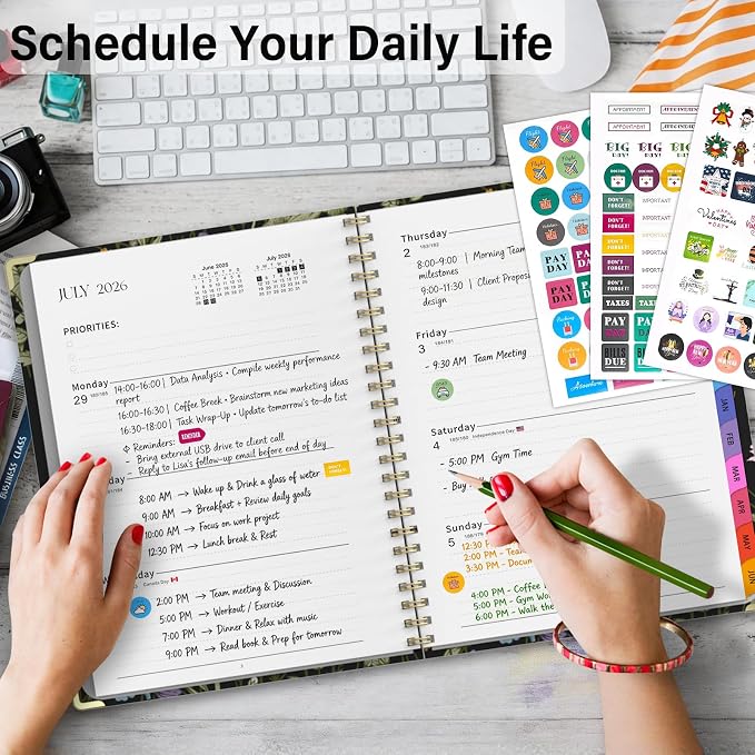 Planner 2026-2027, A4 Hardcover Weekly and Monthly Calendar Planner from July 2026 - June 2027, 8.5" x 11" Daily Agenda with Monthly Tabs, Spiral Bound, Inner Pocket, Cute Journal Organizer Notebook for Office School-Wild Flower