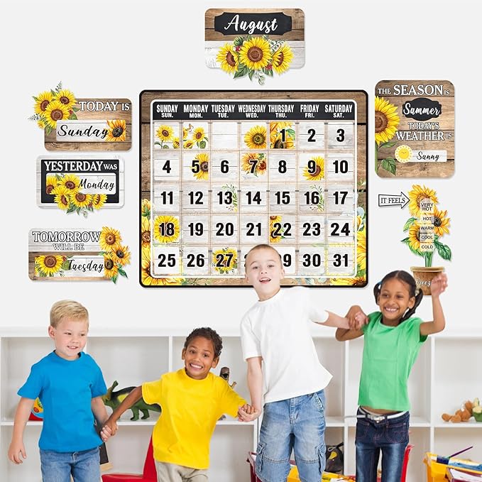 Cholemy 85 Pcs Calendar Bulletin Board Set Classroom Calendar Bulletin Board with Numbers Month Weather Classroom Decoration Wall Decor for Chalkboard Back to School Supplies(Sunflower)