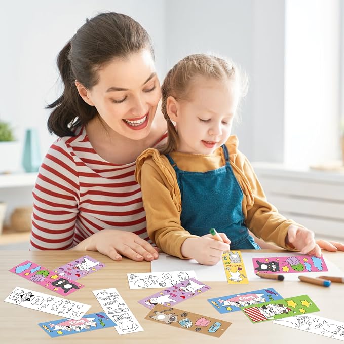 ANGOLIO Cat Coloring Bookmarks for Kids - 123Pcs DIY Blank Bookmark Set for Art Crafts, Classroom Rewards, Party Favors Creative Animal Bookmark Activity for School, Birthday Gifts, Goodie Bag Fillers