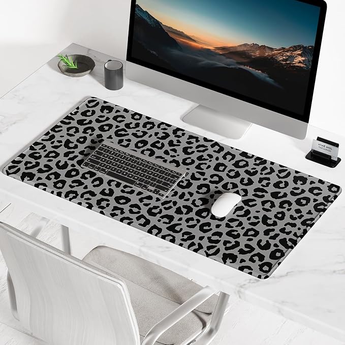 BOSOBO Extended Gaming Desk Mat, XXL Full Cover 31.5 x 11.8 Inches, Black Leopard Print