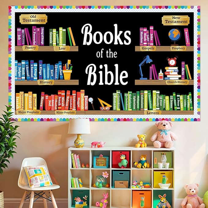 ojustbeok Books of the Bible Learning Bulletin Board Set Faith Religious Christian Back to School Classroom Bulletin Board Bible Learning Bookshelf Cutouts for Home Sunday School Wall Chalkboard Decor