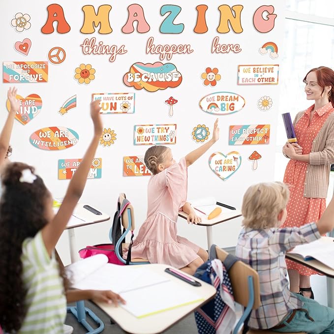 Groovy Welcome Back to School Bulletin Board Classroom Decoration Boho Retro Amazing Things Happen Here Bulletin Board Affirmation Station Positive Encouraging Paper Cutout for School Class Wall Decor