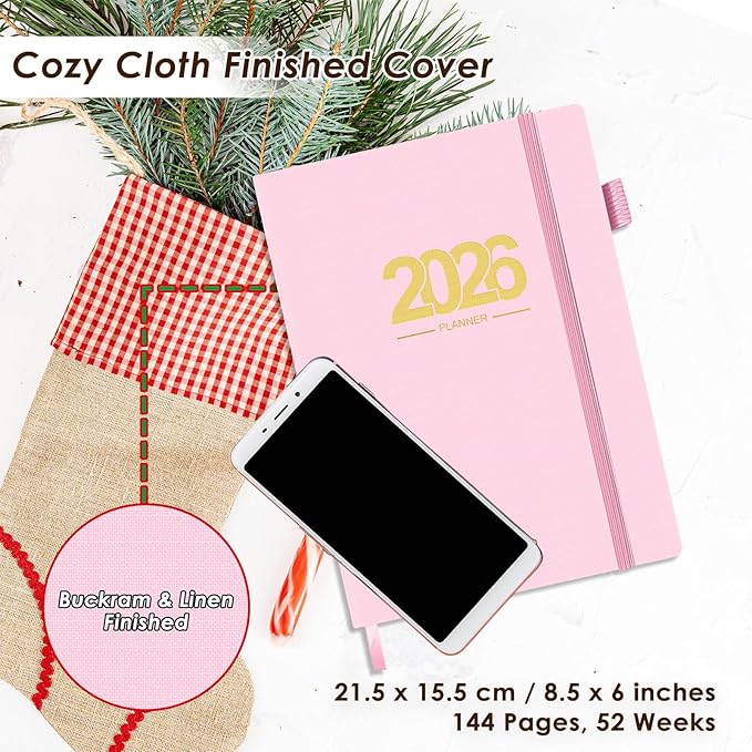 TIIKKASI 2026 Calendar Year Planner Weekly Monthly (Jan - Dec) 6'' x 8.5'' - 2 Pages Per Week - Lined Journal Notebook Minimalist Agenda Notes, Linen Cloth Book Bound Hard Cover, Pink
