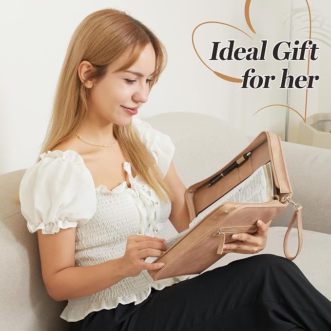 Leather Bible Cover Case for Women – Large Book Case with Handle and Pockets, Floral Book Cover, Bible Protector for Study or Church, Christian Gift for Girls and Women-Light Brown