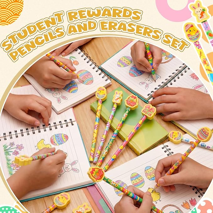 Gersoniel 36 Pcs Easter Pencils Set 18 Bunny Pencils 18 Happy Easter Erasers for Kids Student Classroom Rewards Basket Stuffers Party Favors School Gift Exchange Goodie Bags Filler Stationery