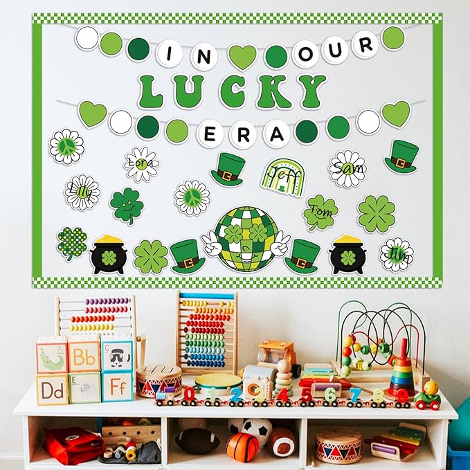 141Pcs St. Patrick’s Day Bulletin Board Classroom Decoration Retro Hippie Rainbow Flower Cutouts Shamrock Clover Name Tags Green Border Trim School Chalkboard Supplies Wall Door Decor