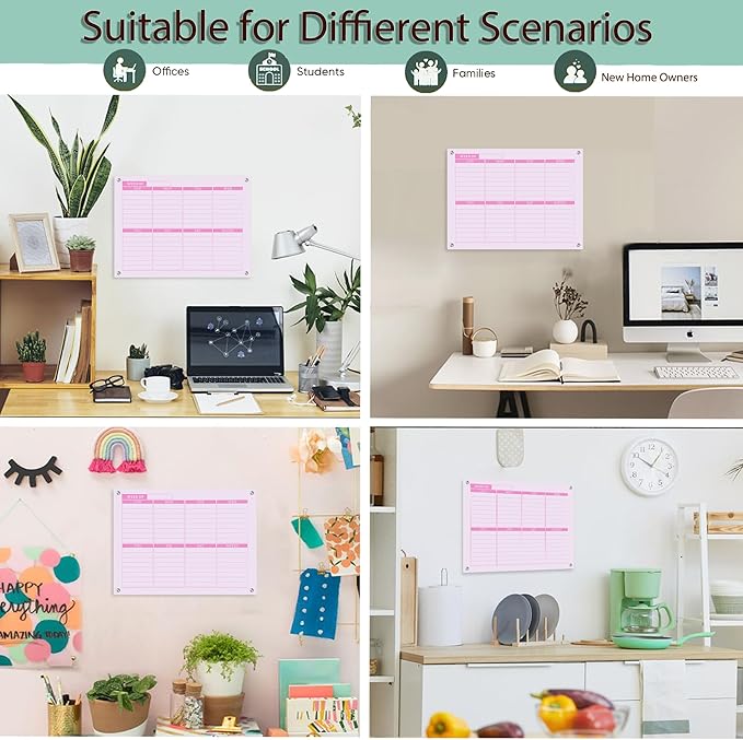 Thickened Acrylic Weekly Dry Erase Board Calendar Planner Whiteboard for Wall,16''x12''-Small,Pink Weekly Planner Whiteboard Schedule Management,6 Markers,1 Wipes,for Home Office-PGZL3040