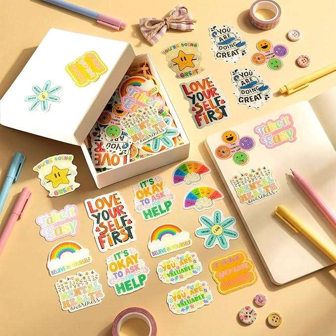 Sabary 120 Pcs Mental Health Awareness Anxiety Sensory Stickers Bulk Sensory Strips Anxiety Calm Textured Strip Stickers with Inspirational Quotes Different Styles for Adults Relief (Cartoon,Colorful)