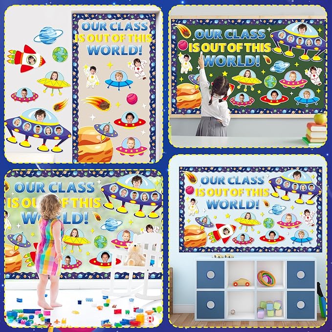 gisgfim Outer Space Bulletin Board Decorations Set Back to School Space Theme Classroom Paper Cutouts Our Class is Out of This World Spacecraft Bulletin Board Decor for Kids School Chalkboard Wall