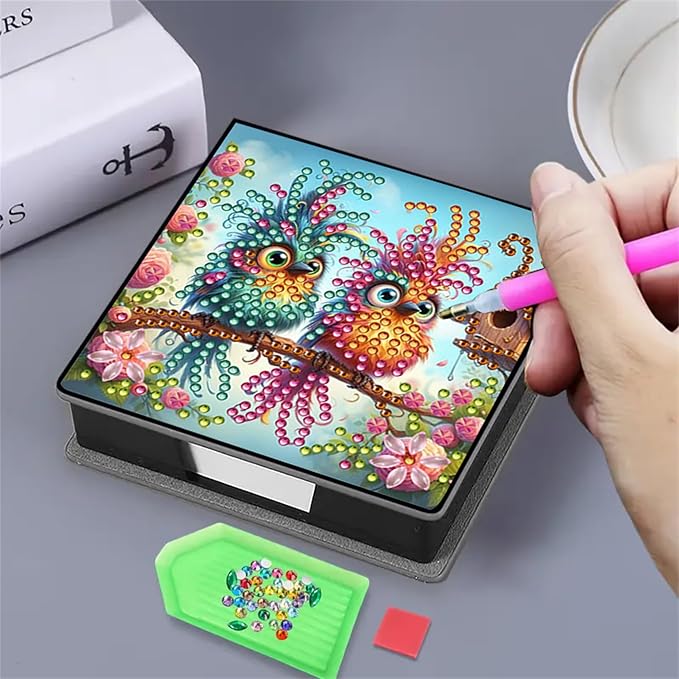 Bird Diamond Painting Note Box Memo Pad Holder, Diamond Art Sticky Notes Organizer for Desk, Aesthetic Stationery Storage Case for Office,School Supplies (Bird)