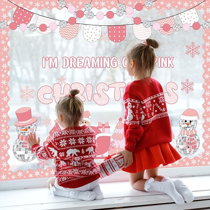 Funrous Christmas Bulletin Board Decoration Set Xmas Tree Classroom Decor Snowman Santa Claus Gnome Snowflake Cutout Winter Border Trim for Xmas Holiday Office Wall Door Supplies(Pink Christmas)