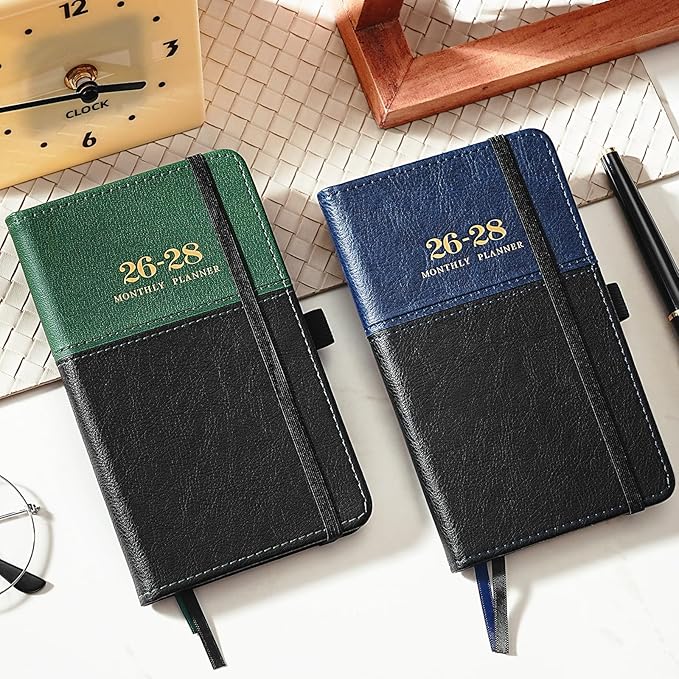 2026-2028 Pocket Calendar/Planner - 3 Year Monthly Pocket Calendar 2026-2028, from January 2026 to December 2028, 6.4" x 3.8", with Elastic Closure, Water Proof Leather - Green