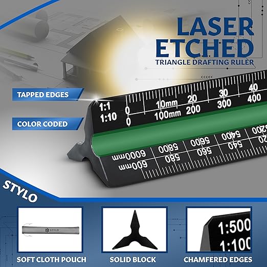 Stylo 12" Aluminum Architect Scale Ruler Laser Etched Triangle Drafting Ruler, Color Coded Grooves for Blueprint, Drafting and Drawing, Architectural Scale Ruler for Blueprints (Black, Metric Units)