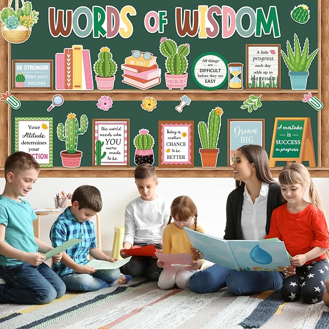 Mooliwe 57 Pcs Cactus Bulletin Board Set Inspirational Summer Bulletin Board Decoration Positive Cutout Classroom Decoration for School Office Home Teacher Classroom Wall Supplies