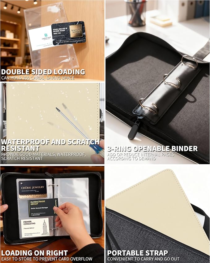 Leather Business Card Book Holder Organizer, Professional Name Card Book Holder with 300 Card Capacity, Portable PU Credit Card Binder File Sleeve Storage for Men Women,50 Pack Sleeves Zipper Closure