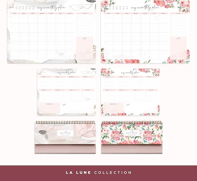 Pink Abstract Non-Dated Spiral Weekly Desk Calendar Planner, 60 Week Inspirational To Do List Pad Desktop Stand, 3.75" x 10.5", La Lune Collection by Bright Day