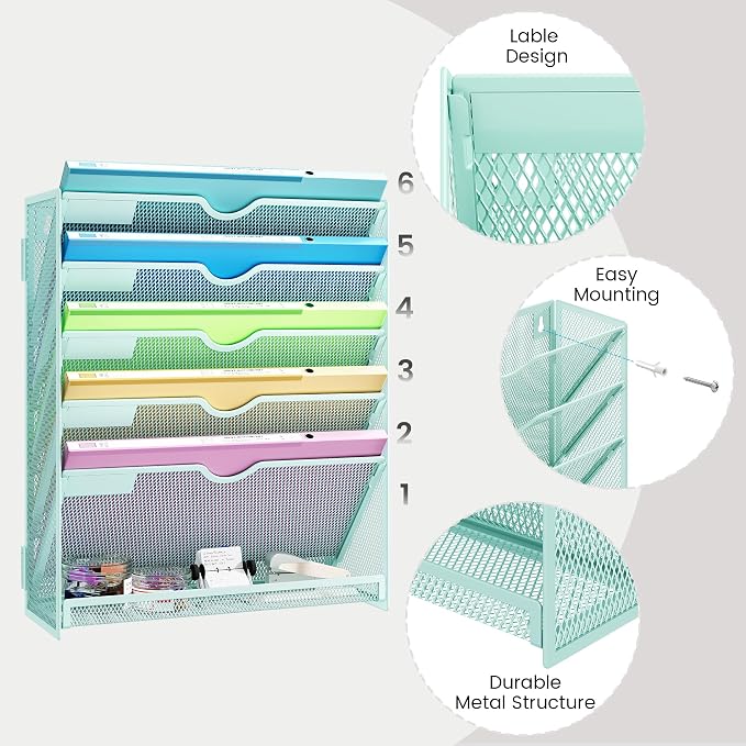 Hanging Wall File Organizer, 6-Tier Mint Green Desk Organizer with Metal Mesh, Foldable Document Organizer for Office Desk, Wall Mount Magazine Rack for Mail/Books/Tablet