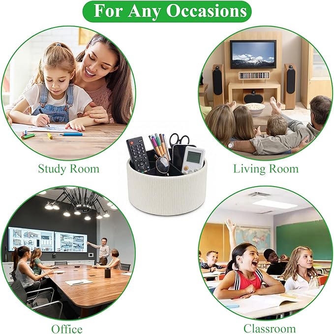 Remote Control Holder, 360°Spinning PU Leather Desk TV Remote Caddy,Desk Storage Box Room Accessories for Controller, Media,Mail,Calculator, Mobile Phone,Pencil(1-Big Wood Beige)