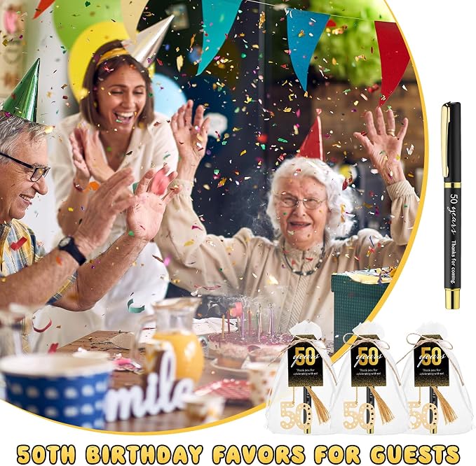 Spakon 50 Set 50th Birthday Party Favor for Guest Anniversary Party Favor Golden Birthday Bookmark Thanks Coming Pen with Tag Appreciation Gifts for Women Men Wedding Anniversary