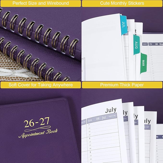 Appointment Book/Planner 2026-2027 - Weekly Appointment Book 2026-2027, July 2026 - June 2027, 8.26"x 11.4", Daily/Hourly Planner with Tabs, 15 Minutes, Wirebound - Purple