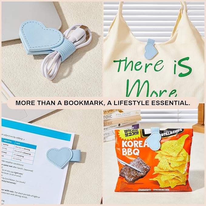 2Pcs Magnetic Leather Bookmarks with Gift Box, Heart-Shaped Magnetic Pen Holder Book Marks Clip Gift for Book Lover Readers Cute Bookmark for Women, Light Blue