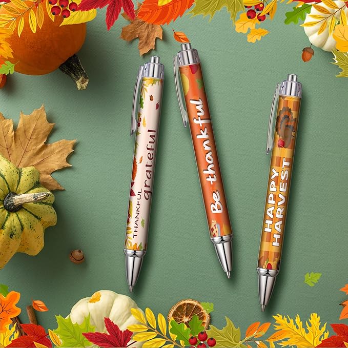 Sayglossy 50 Pcs Thanksgiving Pens Bulk Fall Thanksgiving Party Favors Black Ink Writing Ballpoint Pen Pumpkin Autumn Maple Leaf Smooth Click Ballpoints for Autumn Harvest Party Gift Supplies