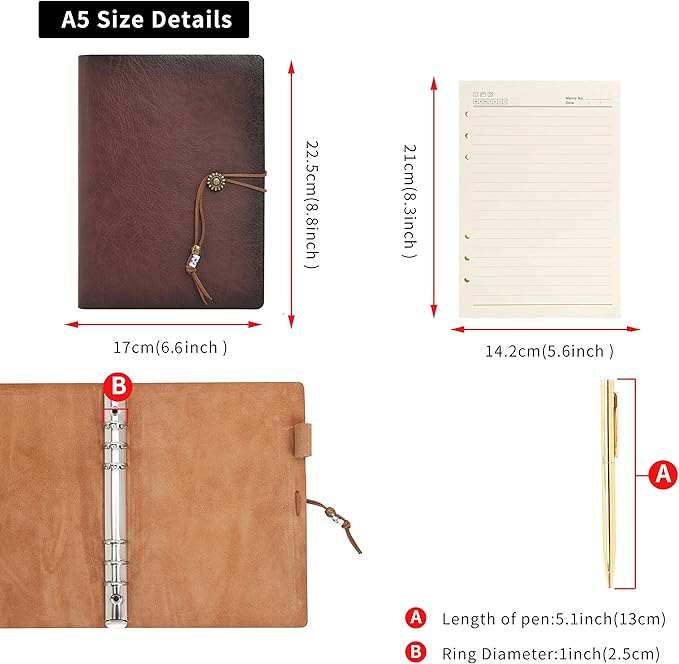 WONDERPOOL Leather Journal A5 Refillable 6 Ring Binder Notebook with Lined Paper and Pen,Writing Diary for Work Travel and Agenda Plan (A5, Brown)
