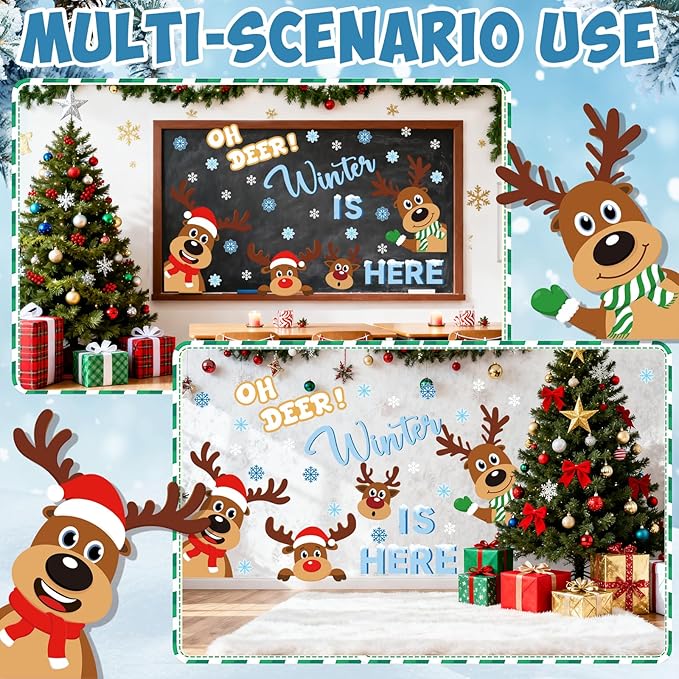 Large Cristmas Bulletin Board for Decor Oh Deer Winter is Here Reindeer Bulletin Boards Set Snowflakes Paper Cutouts Christmas Decorations for Classroom Wall Holiday School Party Supplies